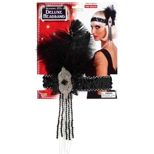 Black Beaded Flapper Headband With Feather